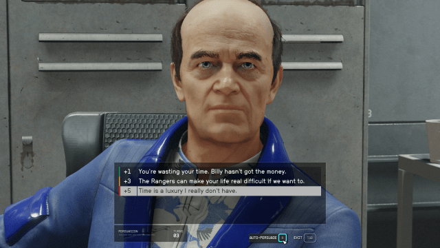 Image of a balding man standing in front of the player, remaining unconvinced.
