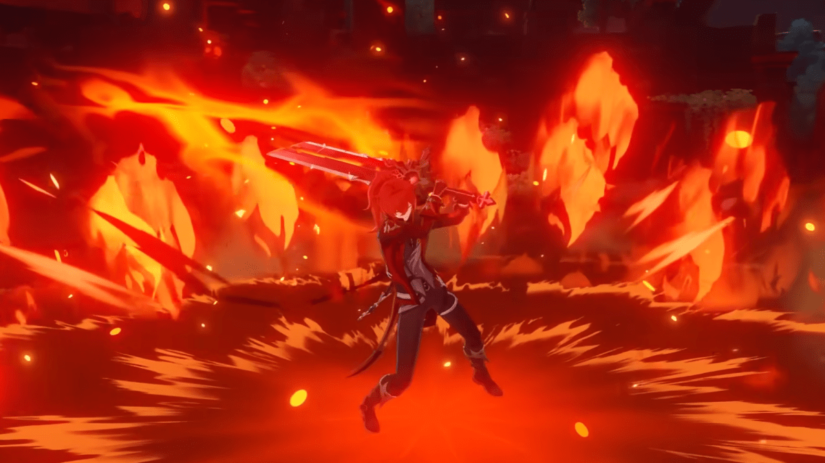 Diluc swinging his claymore as Pyro surrounds him in battle.