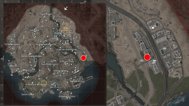 A screenshot of the tactical map in DMZ, with a red dot indicating the location of the Ahmed Grocery Store stash on Al Mazrah.