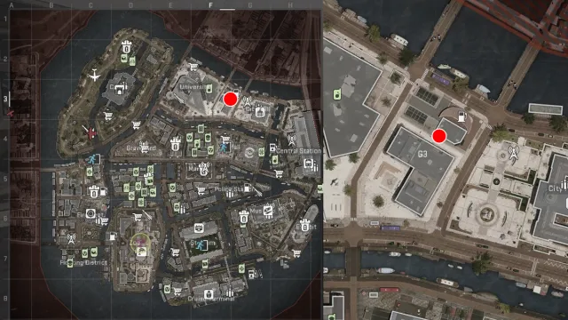 A screenshot of the tactical map in CoD's DMZ, with the location of the Vondel university dead drop highlighted in red.