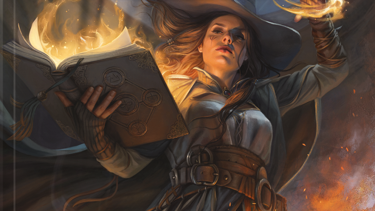 The witch Tasha casts a spell from her magic book on the cover of a Dungeons & Dragons 5th Edition book.