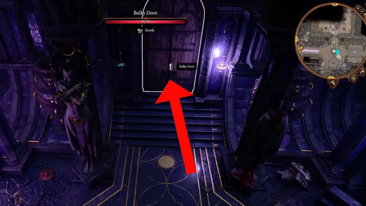 Red arrow pointing to a door leading to the soft-step trial in BG3