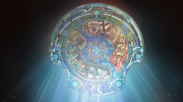 Dota 2's Aegis of Champions, in a stainedglass style, part of TI12's launch announcement.