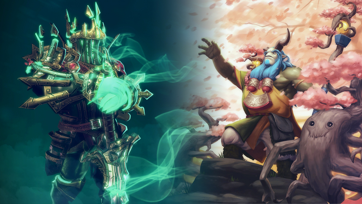 A knight in green, red, and gold armor stands with his sword guarding while a character holding a wooden staff beckons forward with pink trees in Dota 2.
