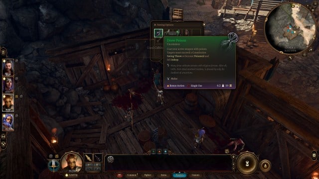 A Baldur's Gate 3 screenshot of a character looting the cabinet in Druid Grove Storage for Drow Poison.