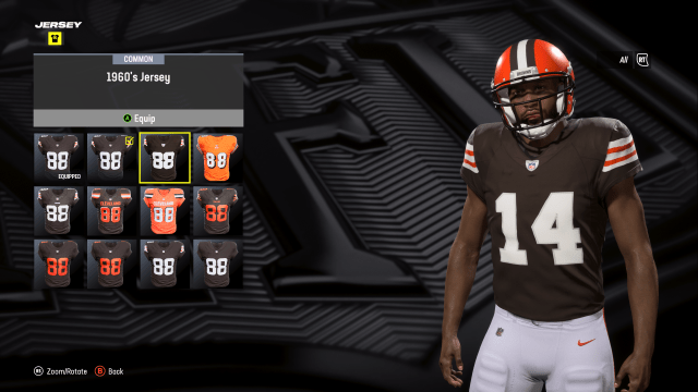 A custom player in Madden 24 wearing the Cleveland Browns 1960's jersey.