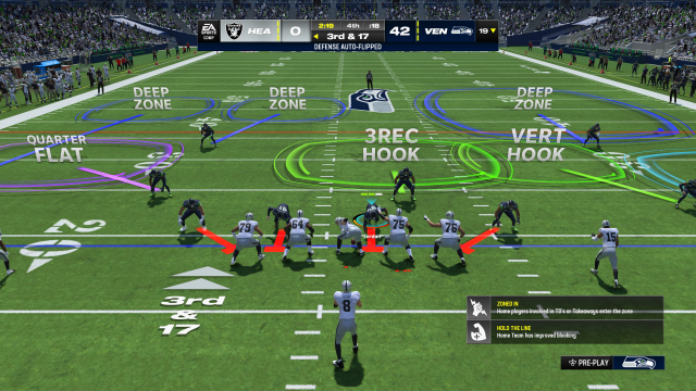 A player in Madden 24 controlling the defense pre-play in the Ultimate Team mode.