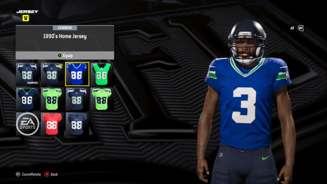A custom player in Madden 24 wearing the Seattle Seahawks 1990's home jersey.