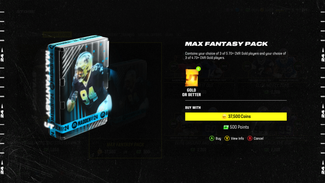 The Max Fantasy Pack in Madden 24 Ultimate Team and its contents.