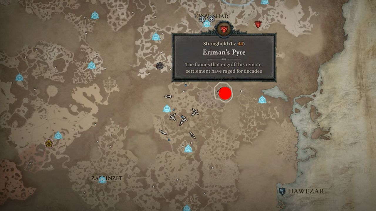 Red dot showing the location of Eriman's Pyre in Diablo 4