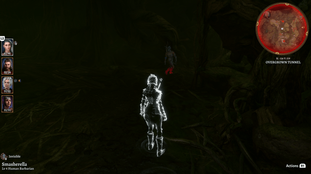 An invisible adventurer stands in front of an enemy. 
