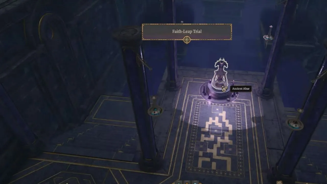A purple room with pillars, stairs and a glowing ancient alter in BG3