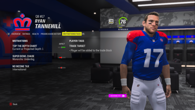 Ryan Tannehill in Madden 24 shown alongside his Motivations and Player Tags.