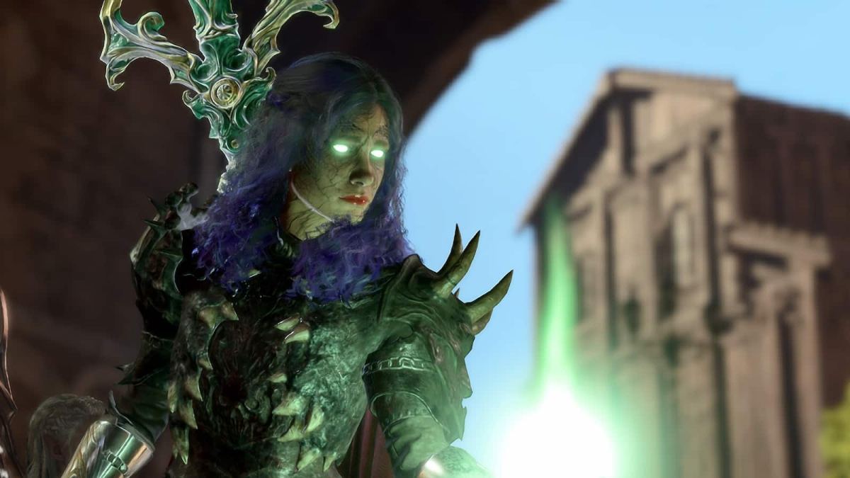 A character from Baldurs Gate 3 channeling green energy.