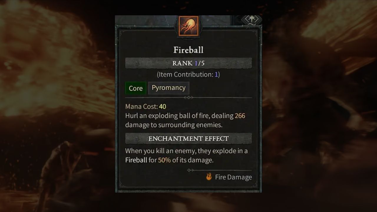 A card featuring information on the fireball enchantment Diablo 4