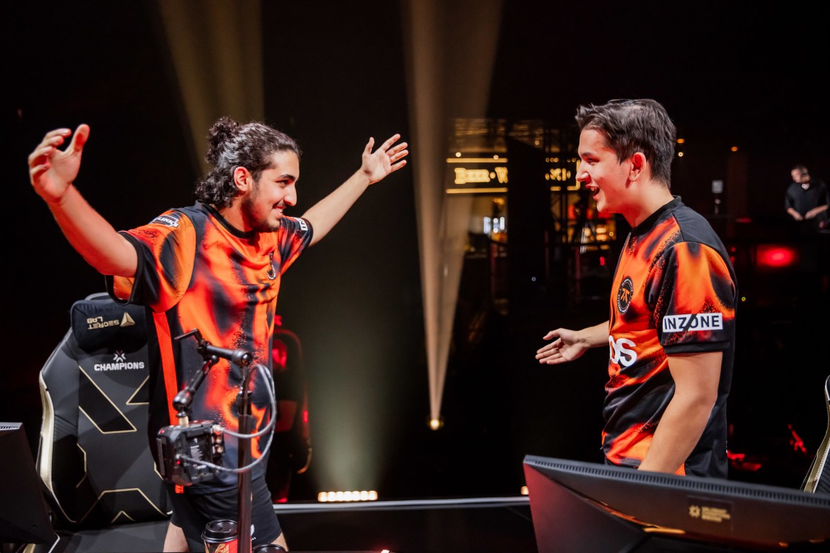 Emir "Alfajer" Beder (L) and Leo "Leo" Jannesson of Fnatic celebrate after victory at VALORANT Champions.