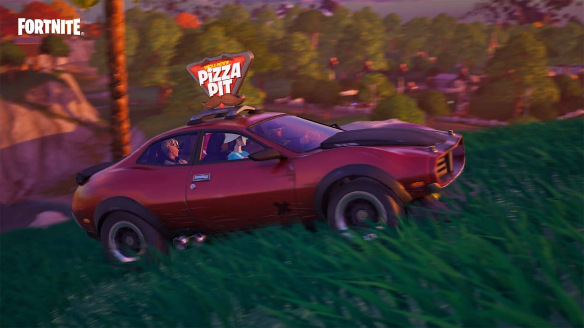 Fortnite characters driving a car through grass.