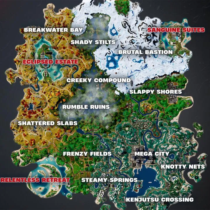 صورة لخريطة Fortnite ، التي تظهر جميع السموم الخمسة عشر ، بما في ذلك المواقع الجديدة الأجنحة ، والعقار المكسور ، وتراجع لا هوادة فيه