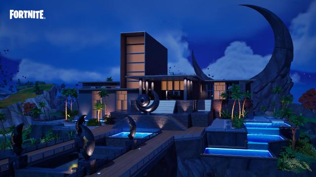 Fortnite's Eclipsed Estate, a dark modern building with a giant eclipse sigil carved out of rock.