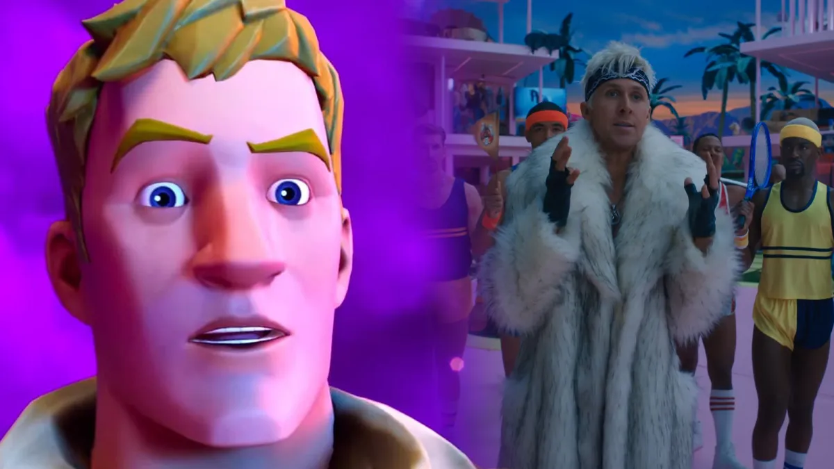 An image of Jonesy looking surprised alongside Ryan Gosling in a white fur cut and black gloves from the Barbie movie.