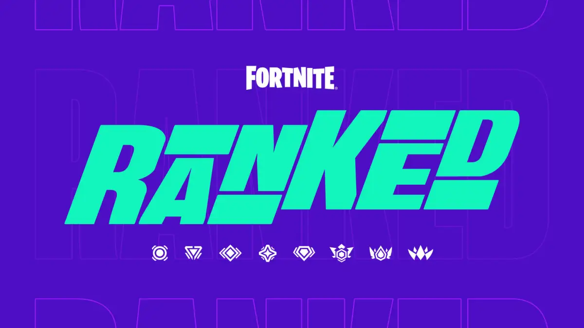 "Ranked" written in neon green in a blue background. The Fortnite logo is above it and the rank logos are under it.