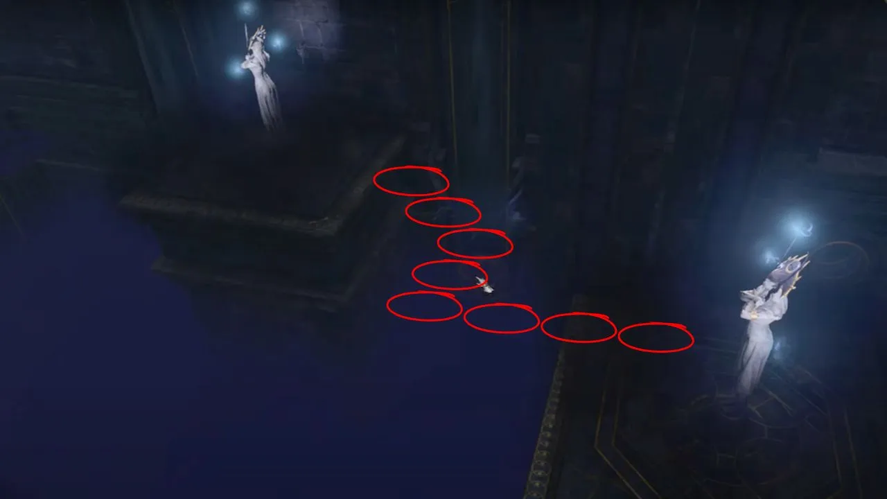 Red circles leading a directing path through the darkness from left platform to the middle platform in BG3