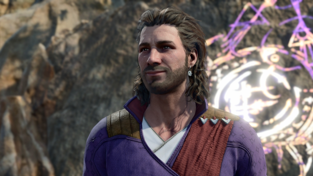 A close-up of Gale, a wizard, wearing a purple robe in Baldur's Gate 3.
