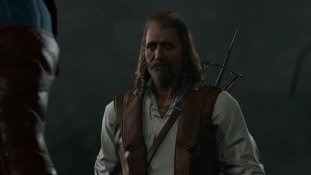 A hunter with long brown hair in simple clothing speaks.