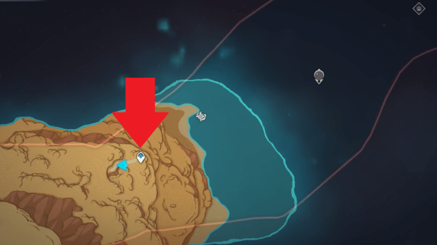 An arrow pointing at the teleport waypoint at the very top of the desert region of Sumeru. 