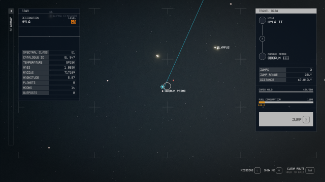 Image of a plotted course in Starfield, leading the player to the Oborum Prime system.