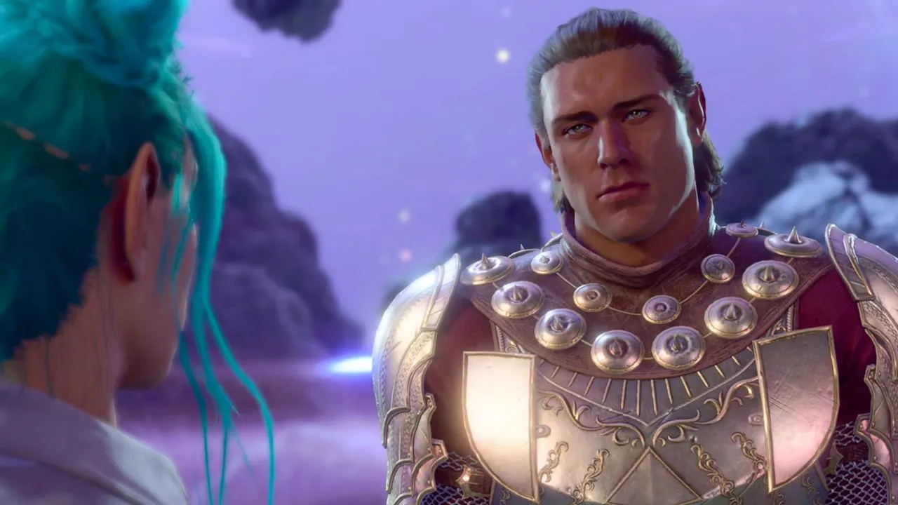 Man in golden armor staring at a woman with green hair in BG3