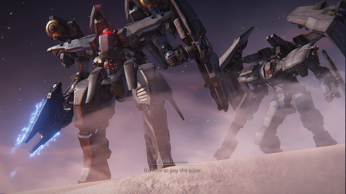 Two mechs stand atop a snowy cliff in Armored Core 6.