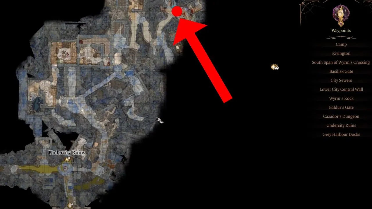 Red dot and arrow pointing to clown's head location bg3