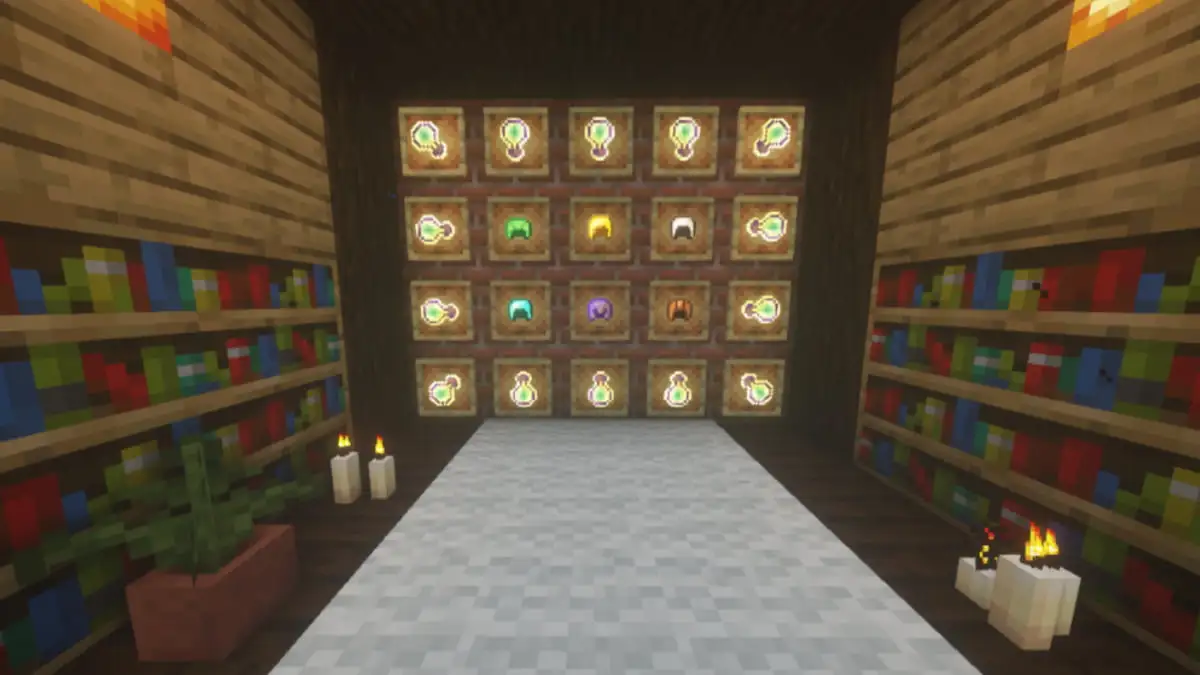 A bunch of helmets surrounded by potions in Minecraft.