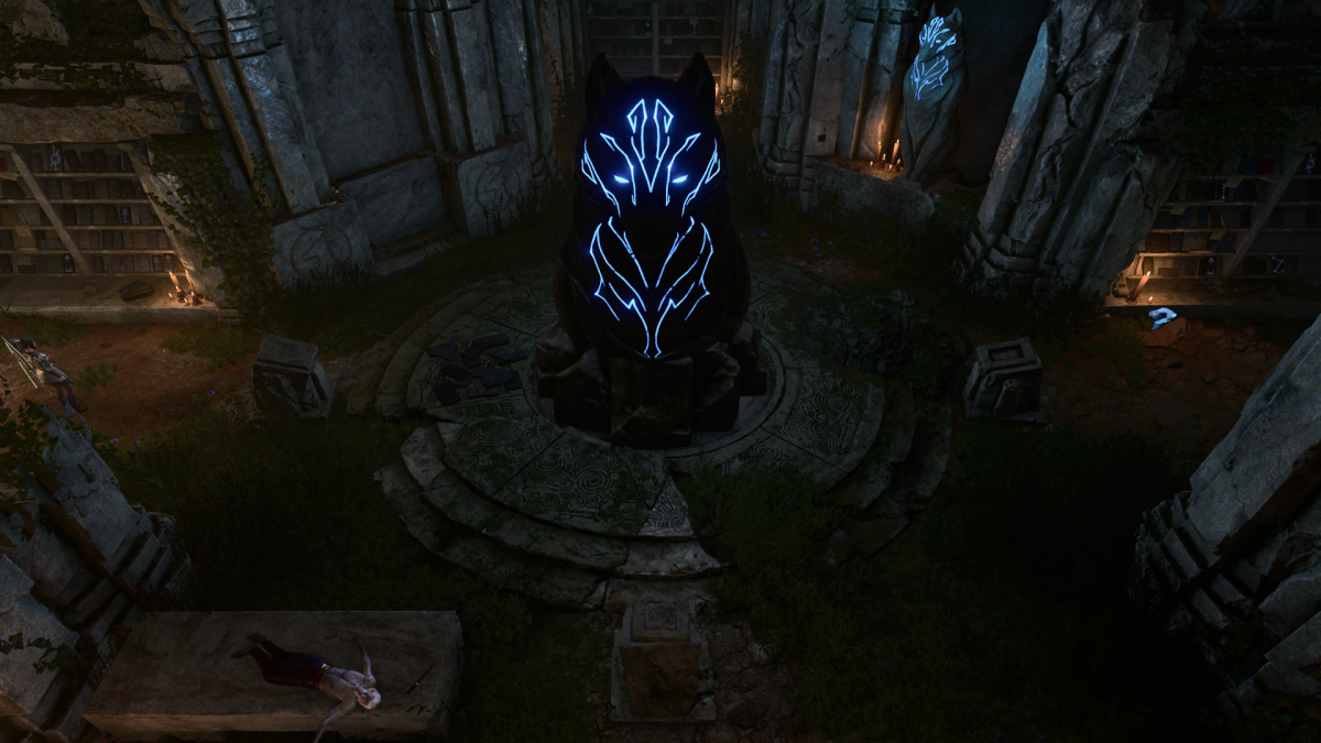 A screenshot of the wolf statue inside the Enclave Library in Baldur's Gate 3.