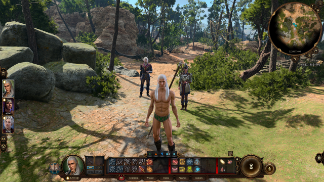 A wizard in Baldur's Gate 3, wearing just a pair of underwear, stands on a path in a forest.