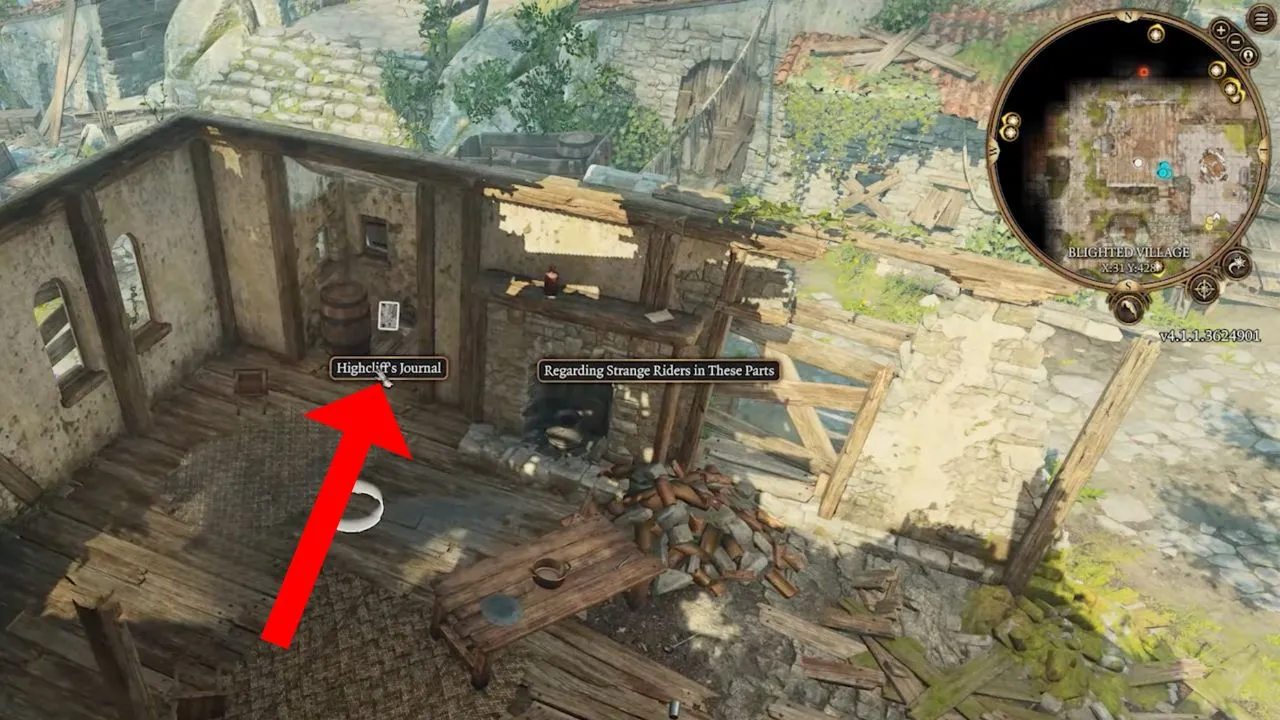 Red arrow pointing to a highlighted journal inside the blacksmith's house in BG3