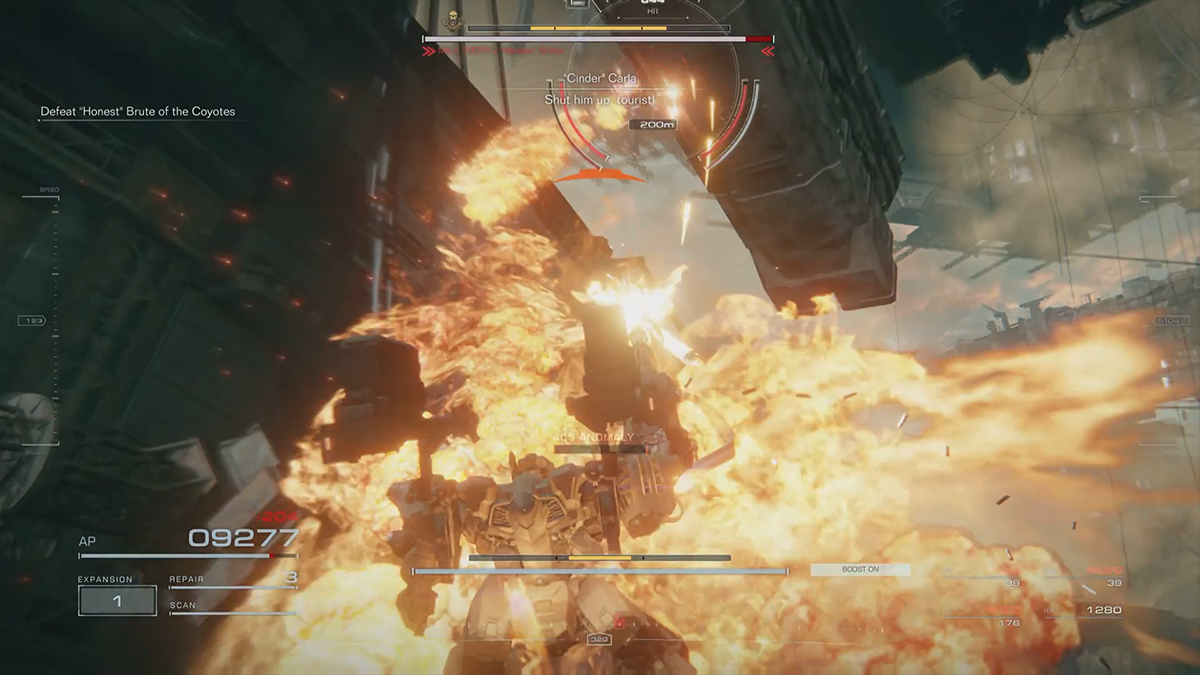 A mech is engulphed in flames in Armored Core 6. 