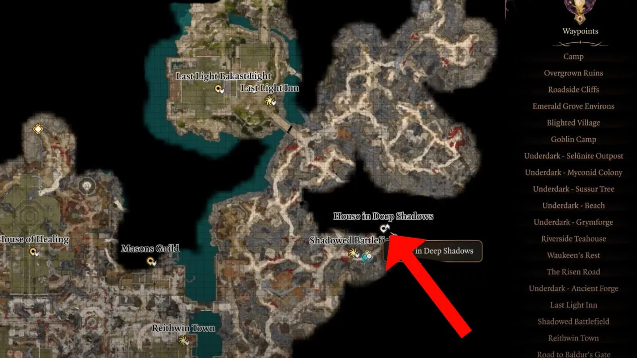 Red arrow pointing to the house in the deep shadows location on a map in BG3