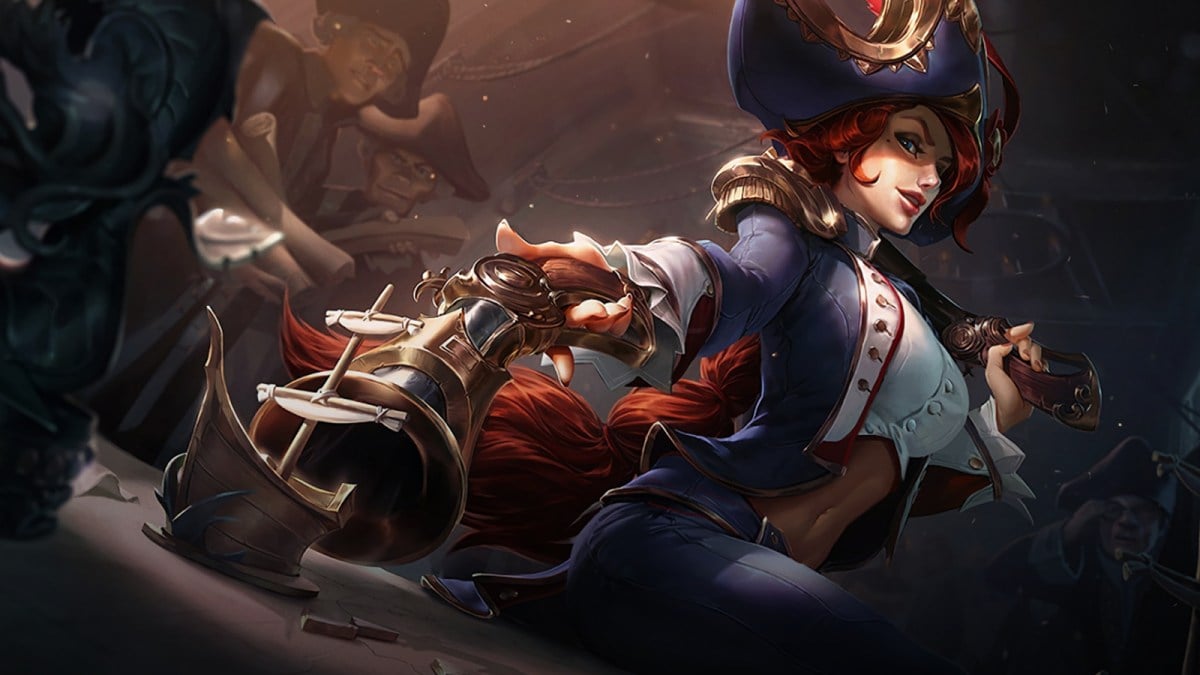 Captain Fortune pushes a warship model with her huge blunderbuss as she sits on the side of the table in League of Legends