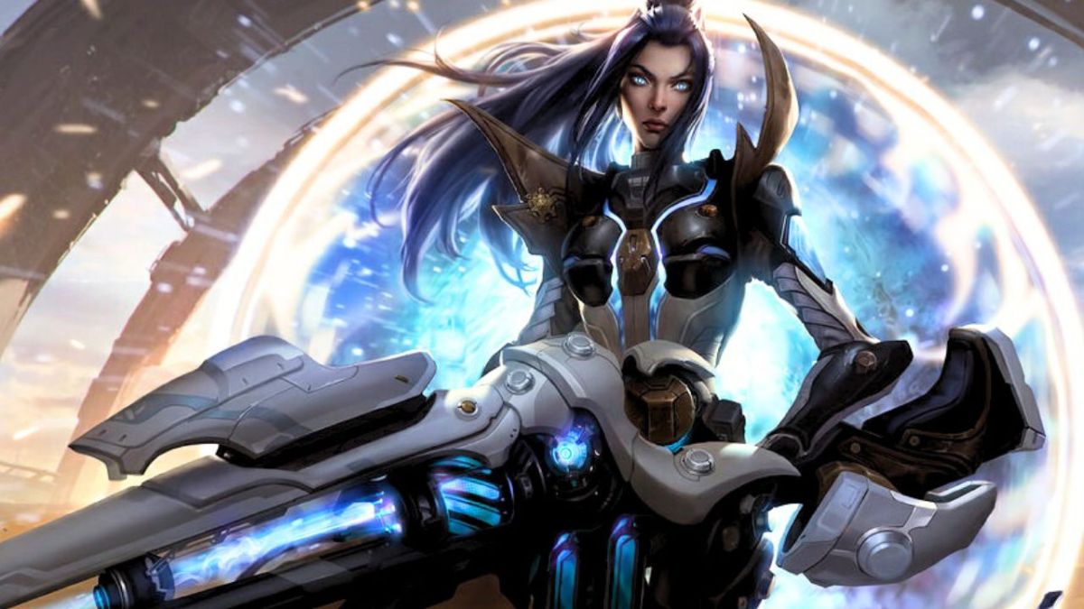 Woman wielding a glowing fun wearing cyberpunk armor in League of Legends