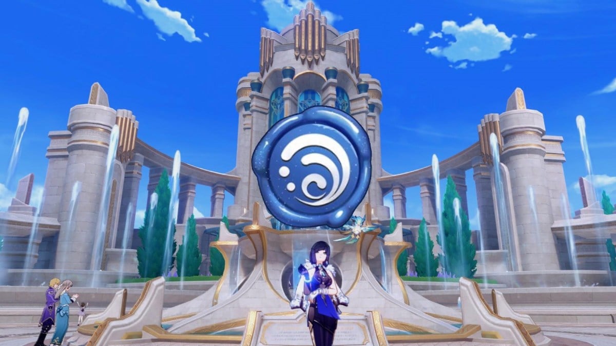 Yelan standing in front of the Fountain of Lucine with a Hydro Sigil floating above her.