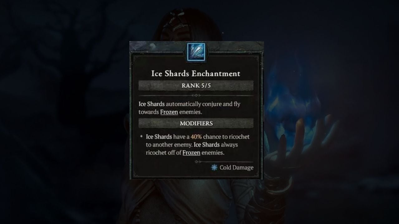 A card featuring information on the ice shard enchantment Diablo 4