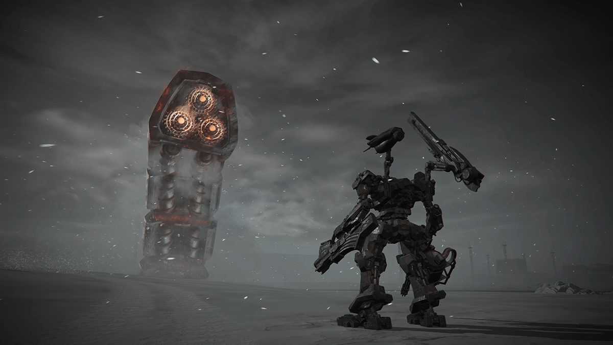 A giant mechanical worm looms over an icy battlefield in Armored Core 6.