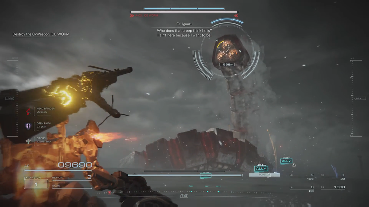 A giant ice worm looms over the battlefield in Armored Core 6. 