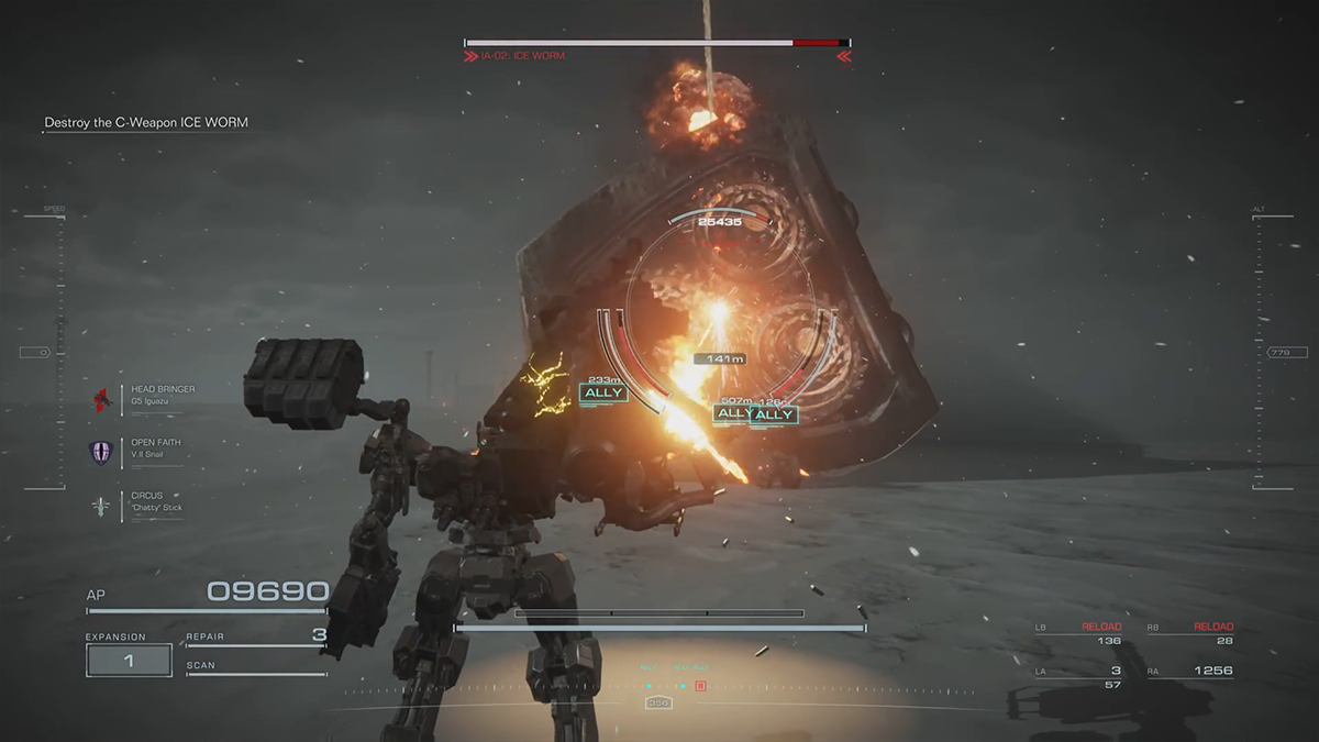 A giant ice worm lays stunned in Armored Core 6. 