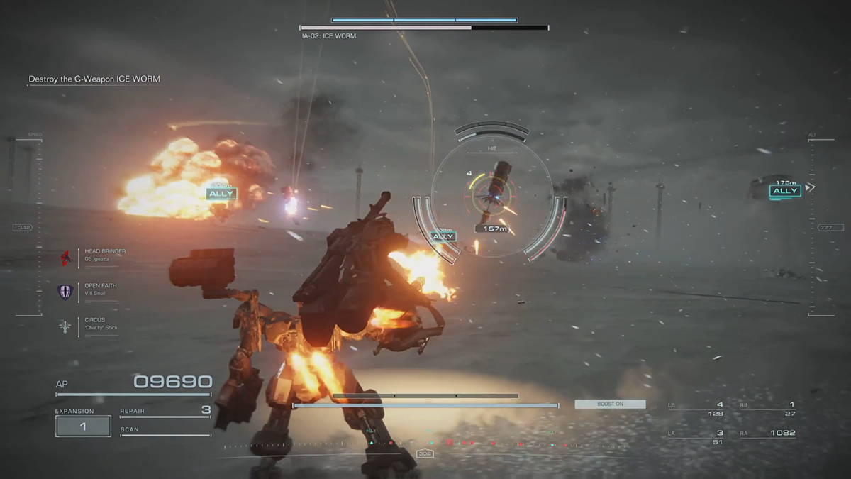 A drone is riddled with bullets in Armored Core 6. 