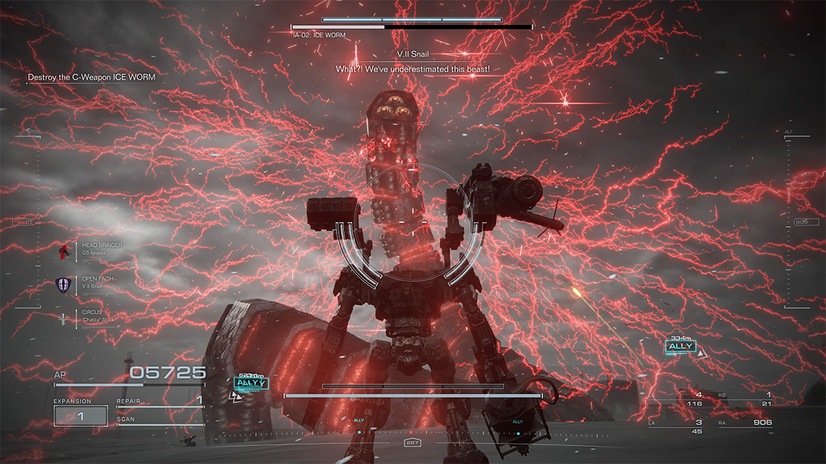 A giant worm emits waves of crackling red energy in Armored Core 6. 