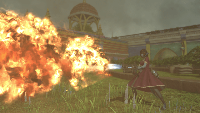 Screenshot showing a Machinist using the Flamethrower.