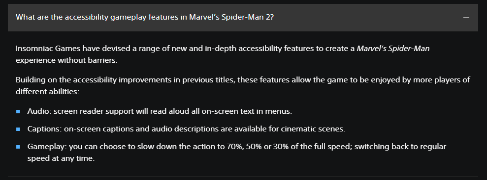 Screenshot showing Q&A list from Marvel's Spider Man 2's store page.